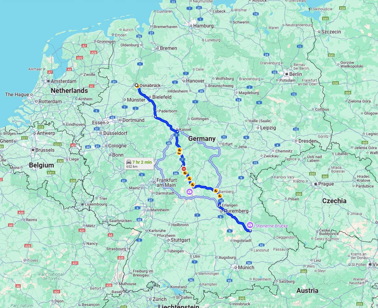 Anreise von Osnabrück Zu Regensburg Über via A7