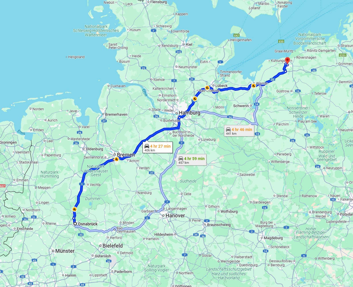 Anreise von Osnabrück Zu Rostock Über via A1 and A20