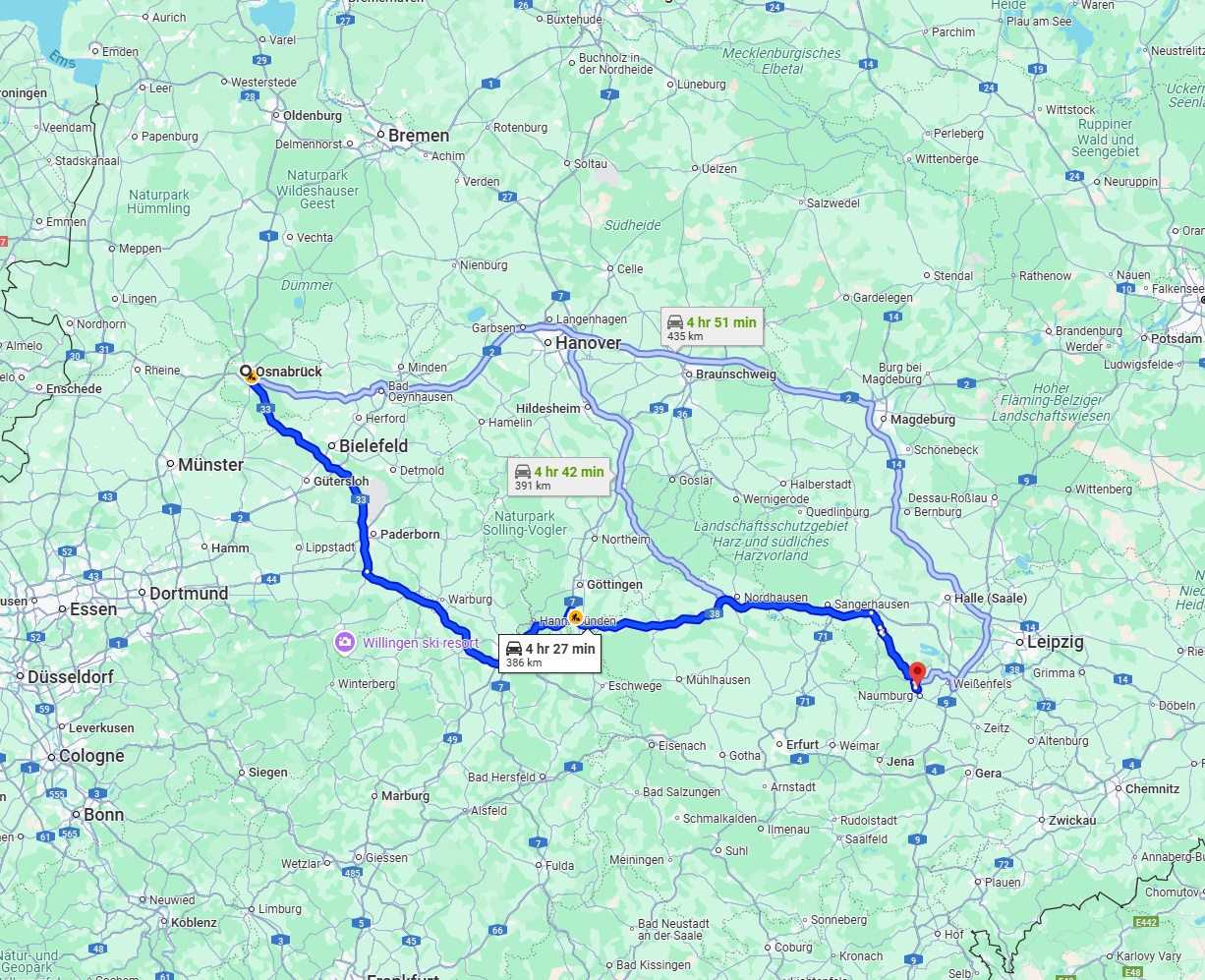 Anreise von Osnabrück Zu Saale Über via A33 and A38