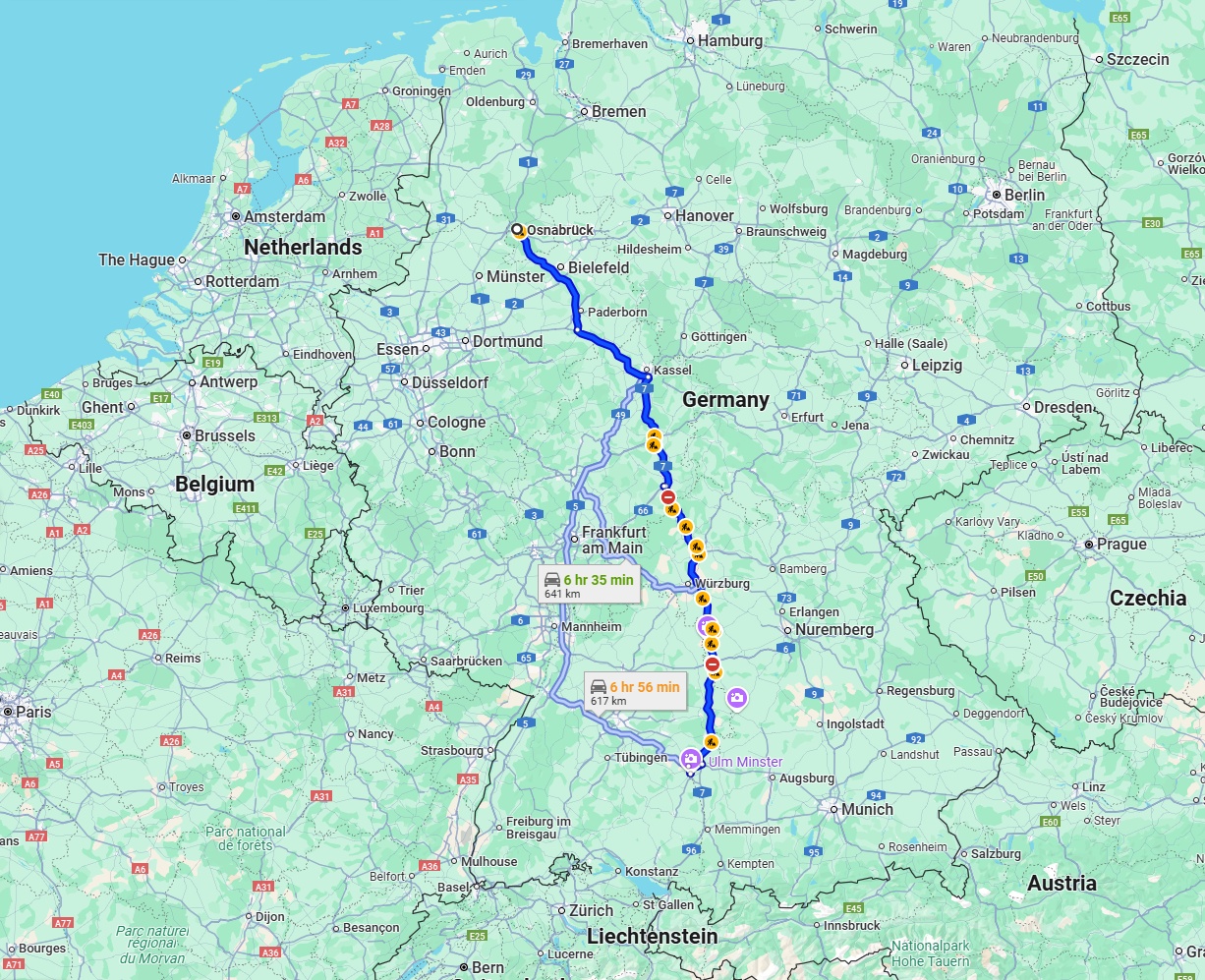 Anreise von Osnabrück Zu Ulm Über via A7