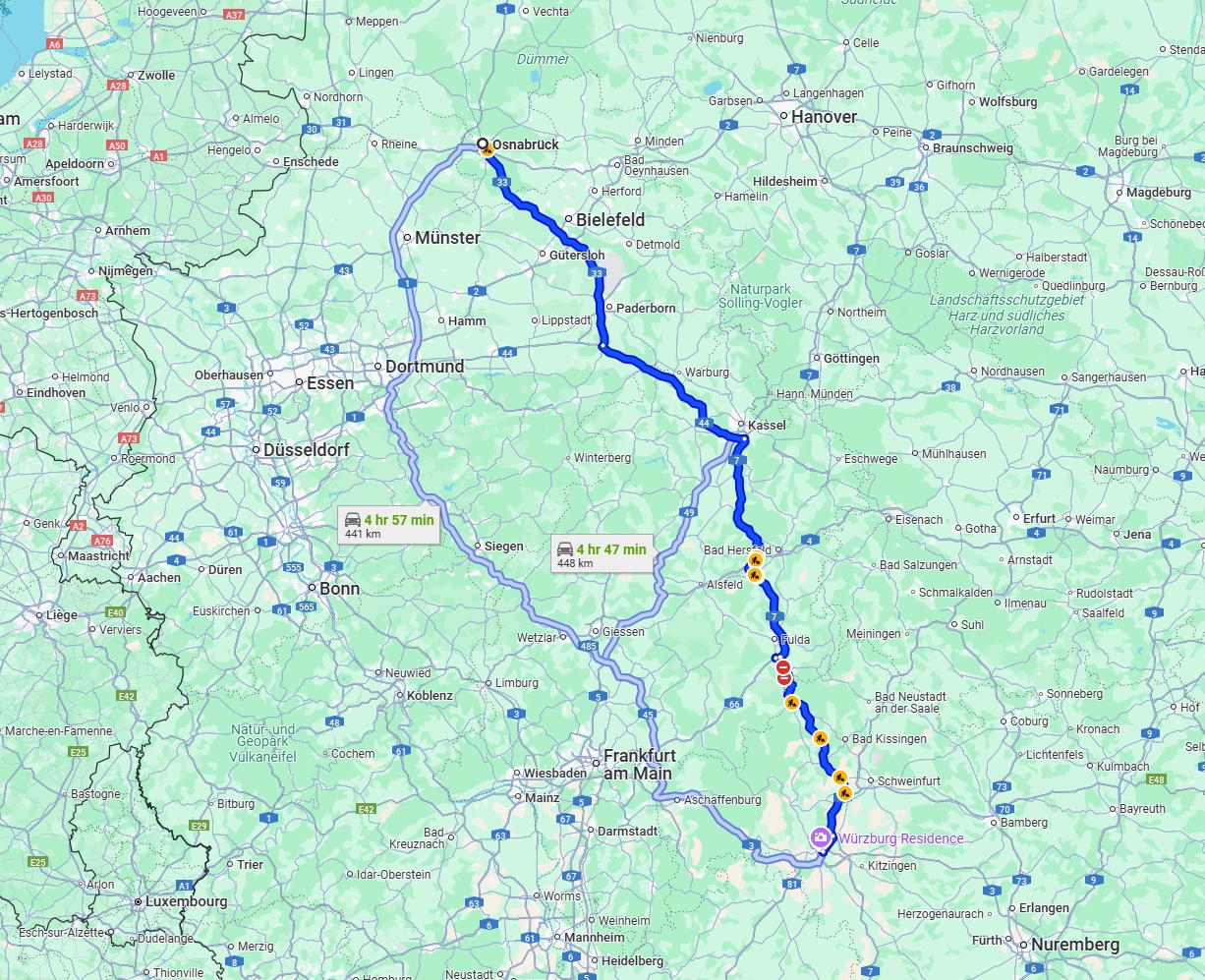 Anreise von Osnabrück Zu Würzburg Über via A33 and A7