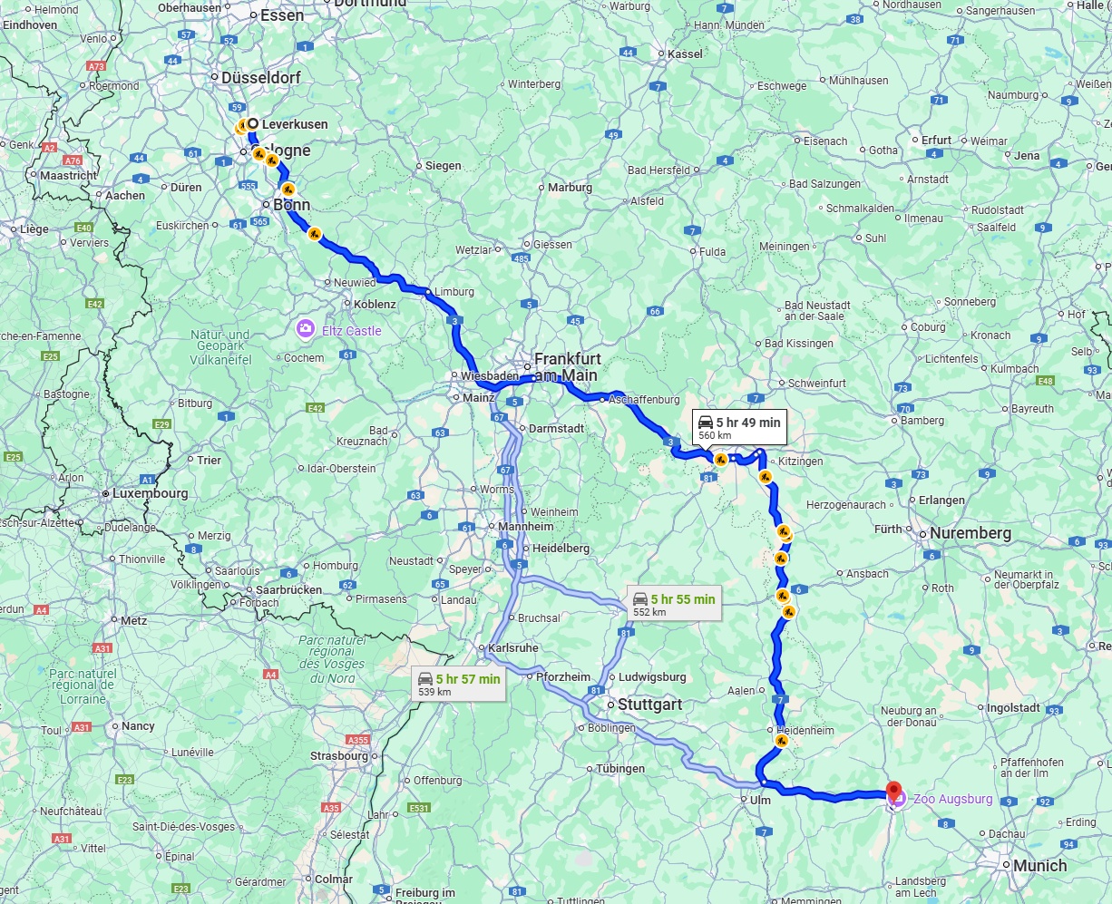 Anreise von Leverkusen Zu Augsburg Über via A3 and A7