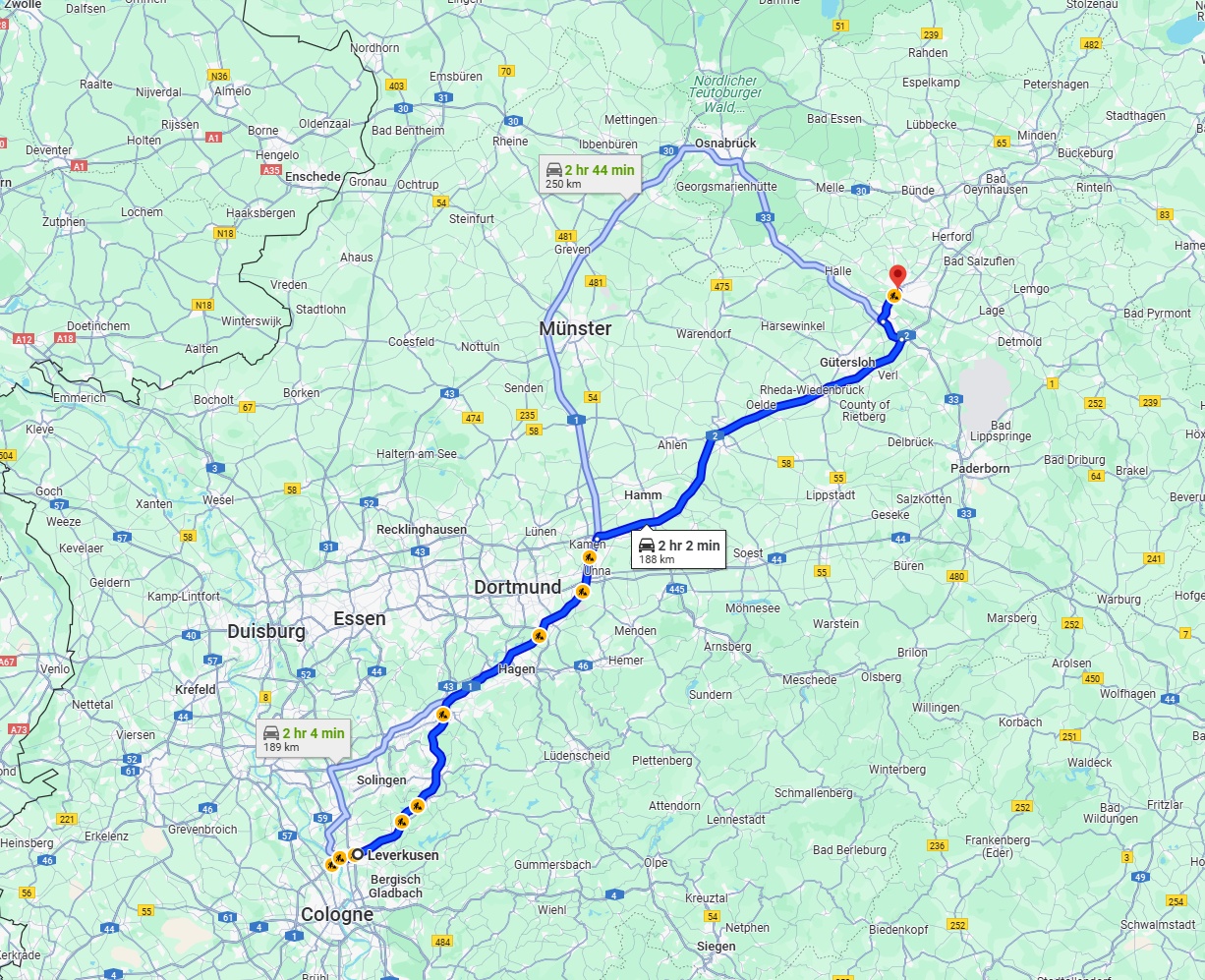 Anreise von Leverkusen Zu Bielefeld Über via A1 and A2