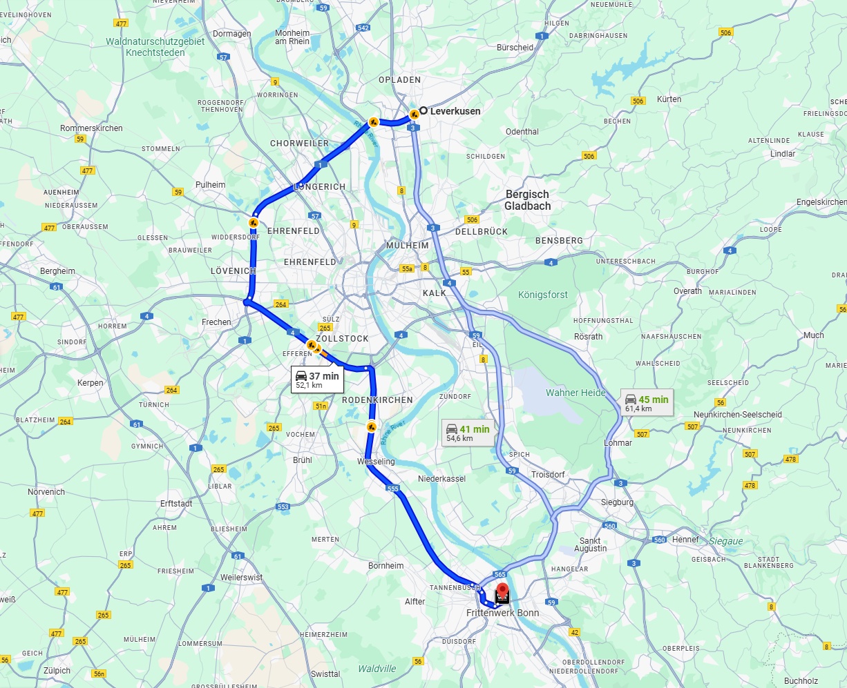 Anreise von Leverkusen Zu Bonn Über via A1 and A555
