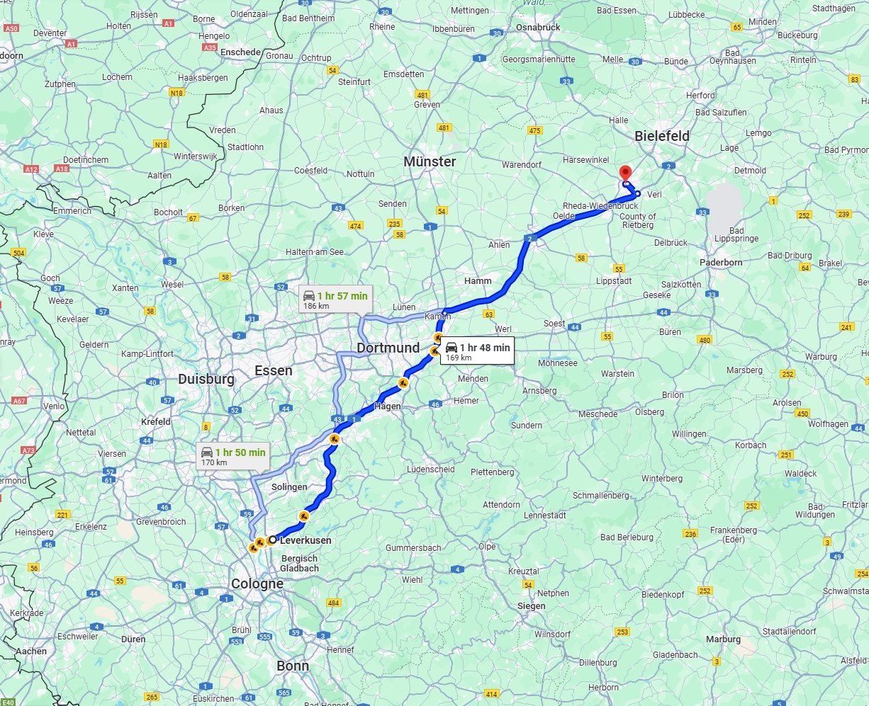 Anreise von Leverkusen Zu Gütersloh Über via A1 and A2