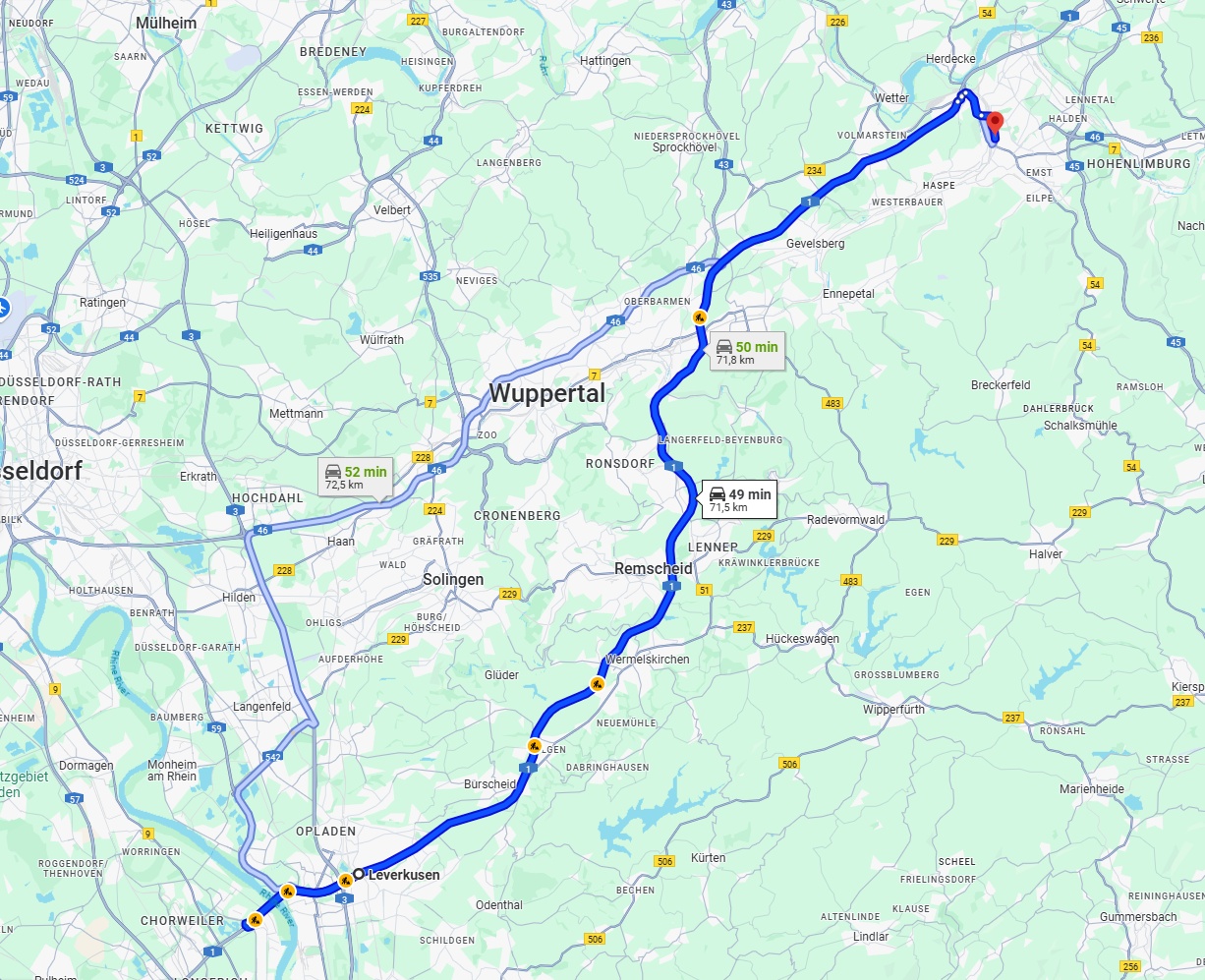 Anreise von Leverkusen Zu Hagen Über via A1