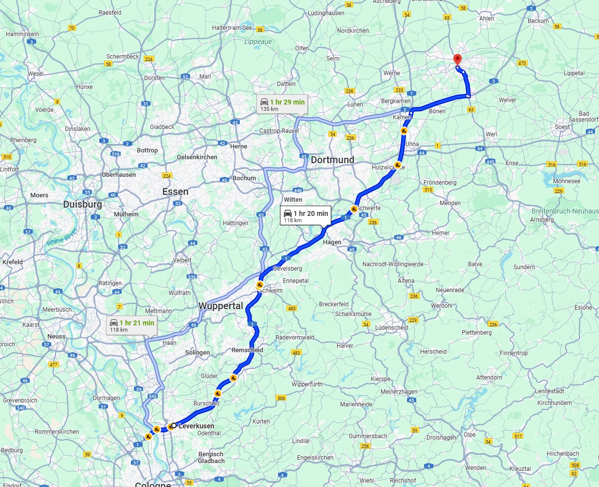 Anreise von Leverkusen Zu Hamm Über via A1