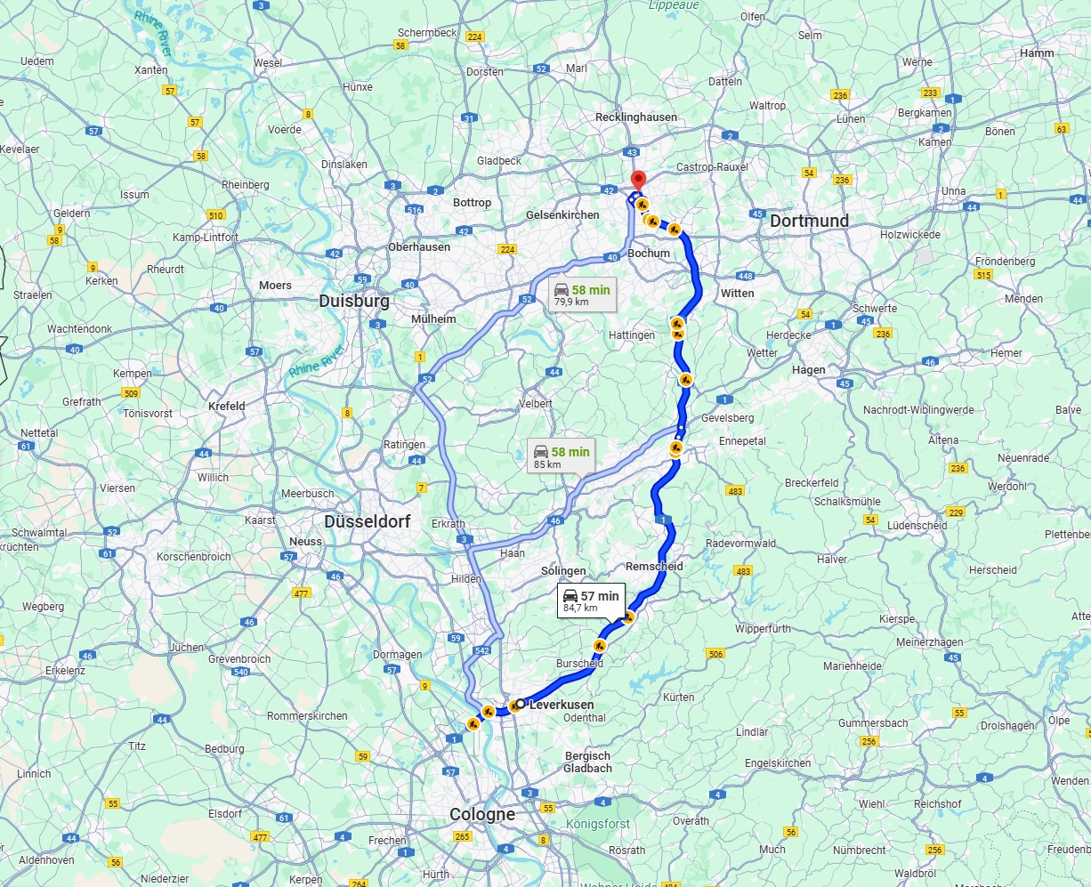 Anreise von Leverkusen Zu Herne Über via A1 and A43