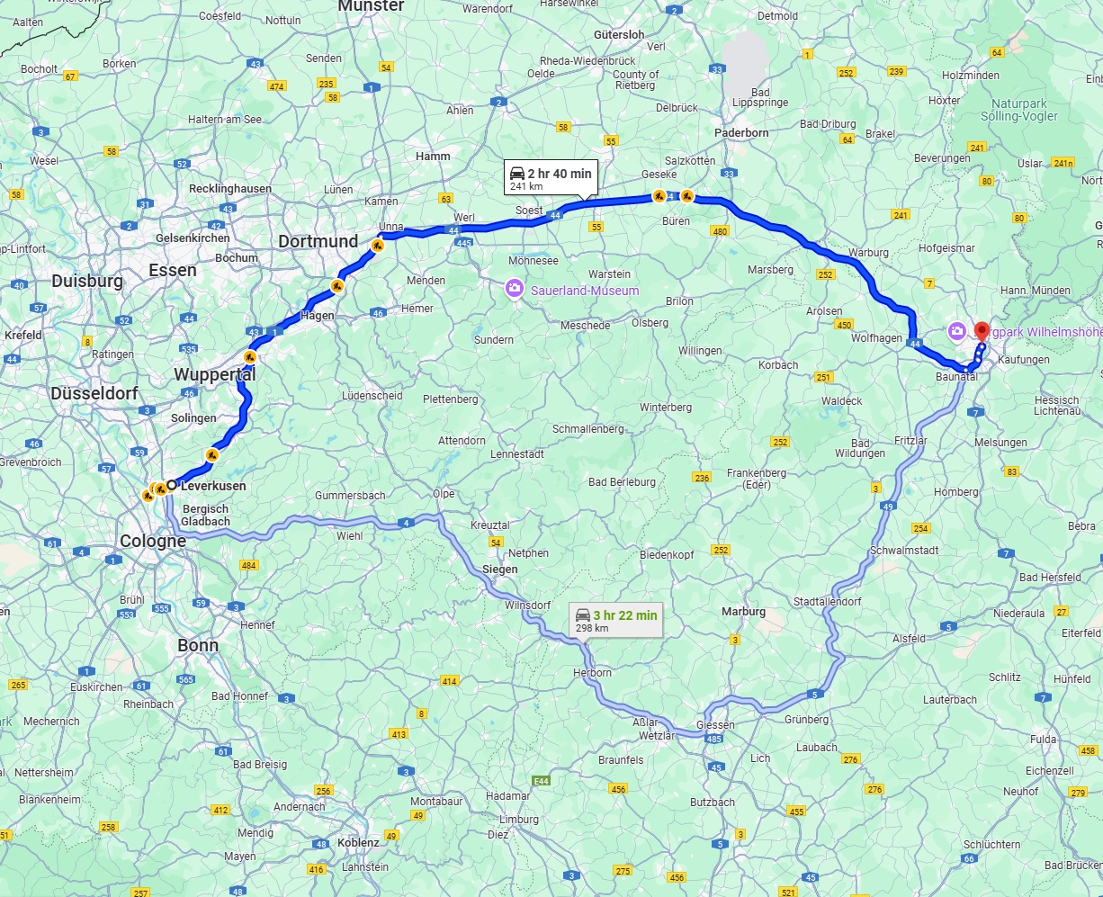 Anreise von Leverkusen Zu Kassel Über via A1 and A44