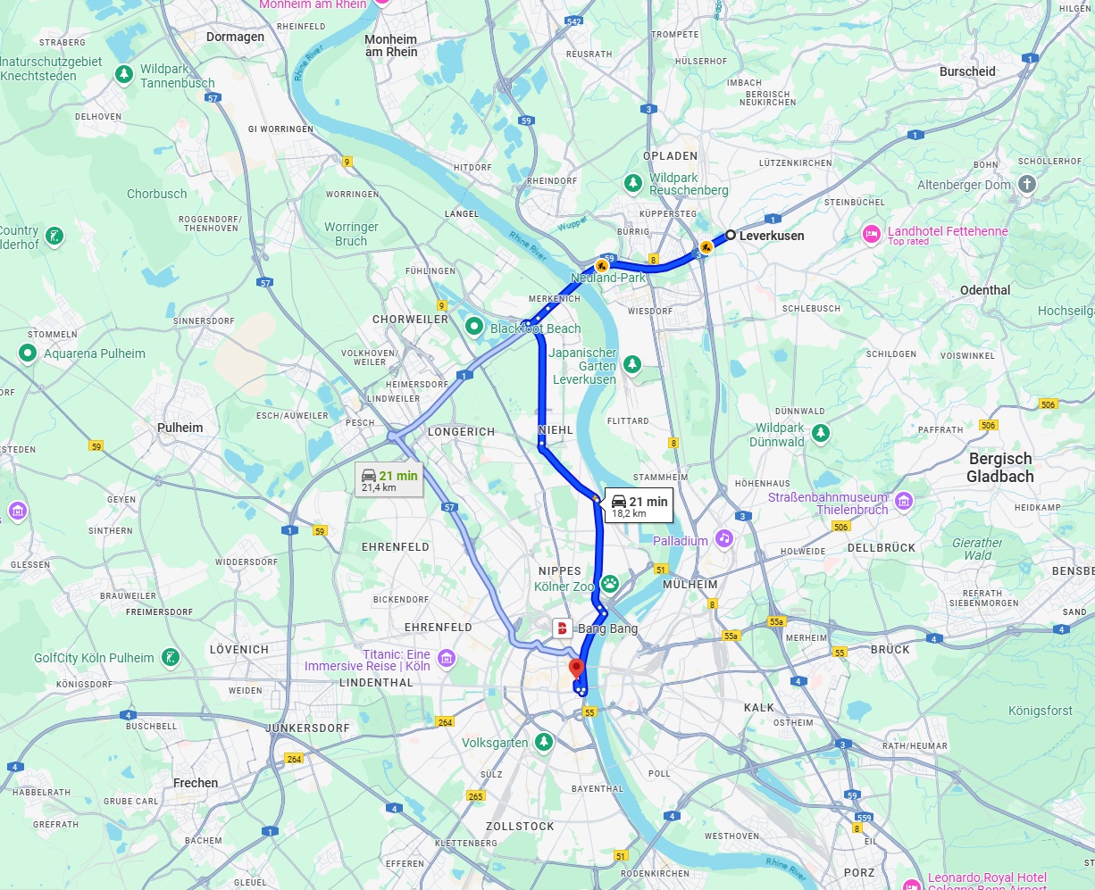 Anreise von Leverkusen Zu Köln Über via A1 and Industriestraße