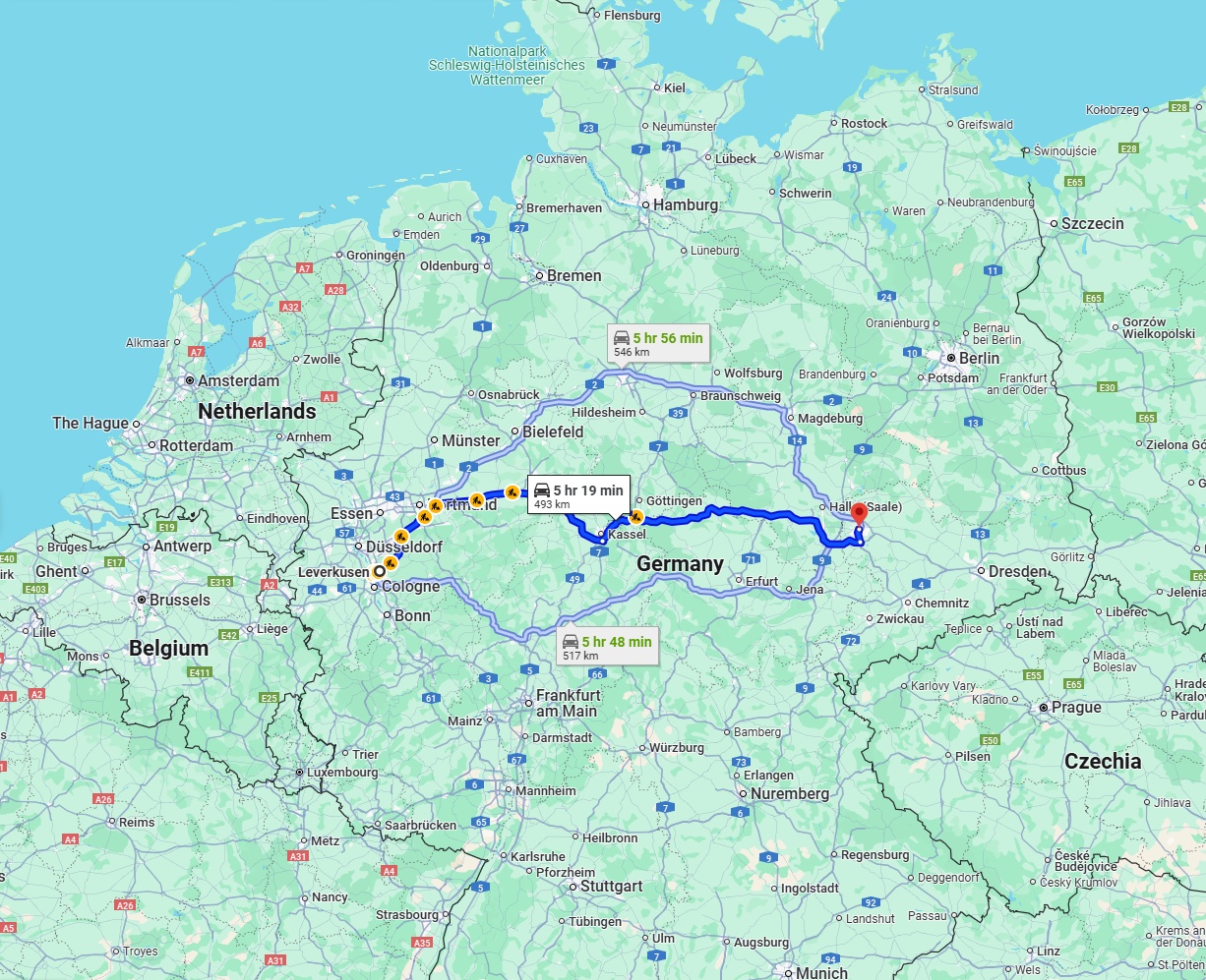 Anreise von Leverkusen Zu Leipzig Über via A44 and A38