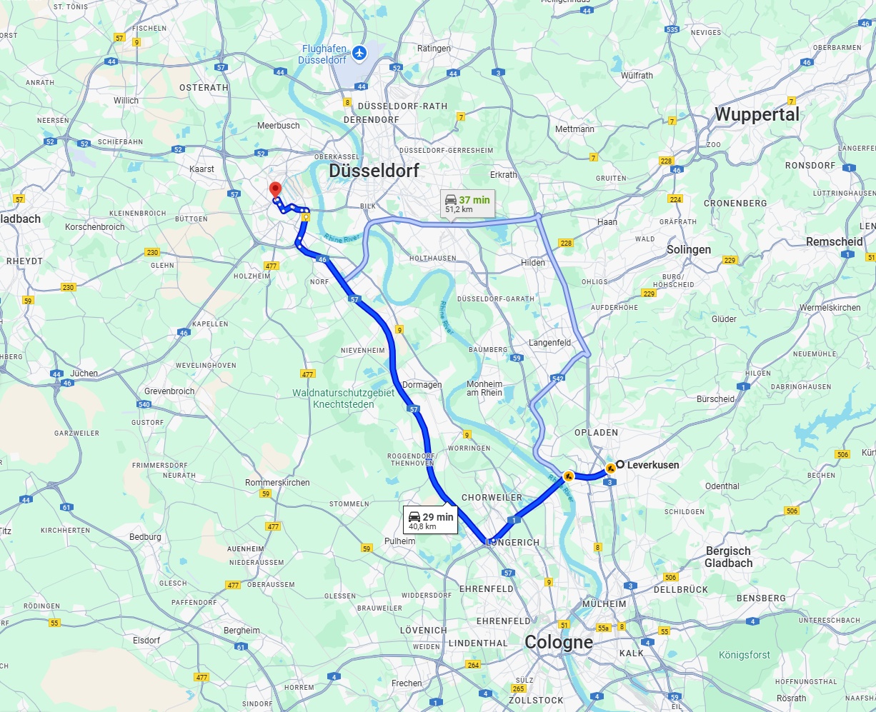 Anreise von Leverkusen Zu Neuss Über via A1 and A57