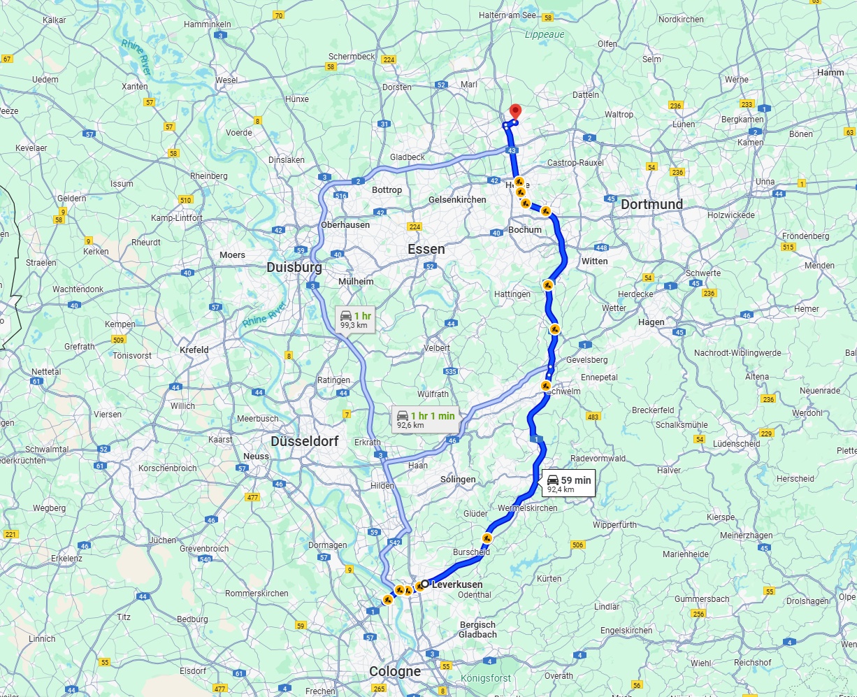 Anreise von Leverkusen Zu Recklinghausen Über via A1 and A43
