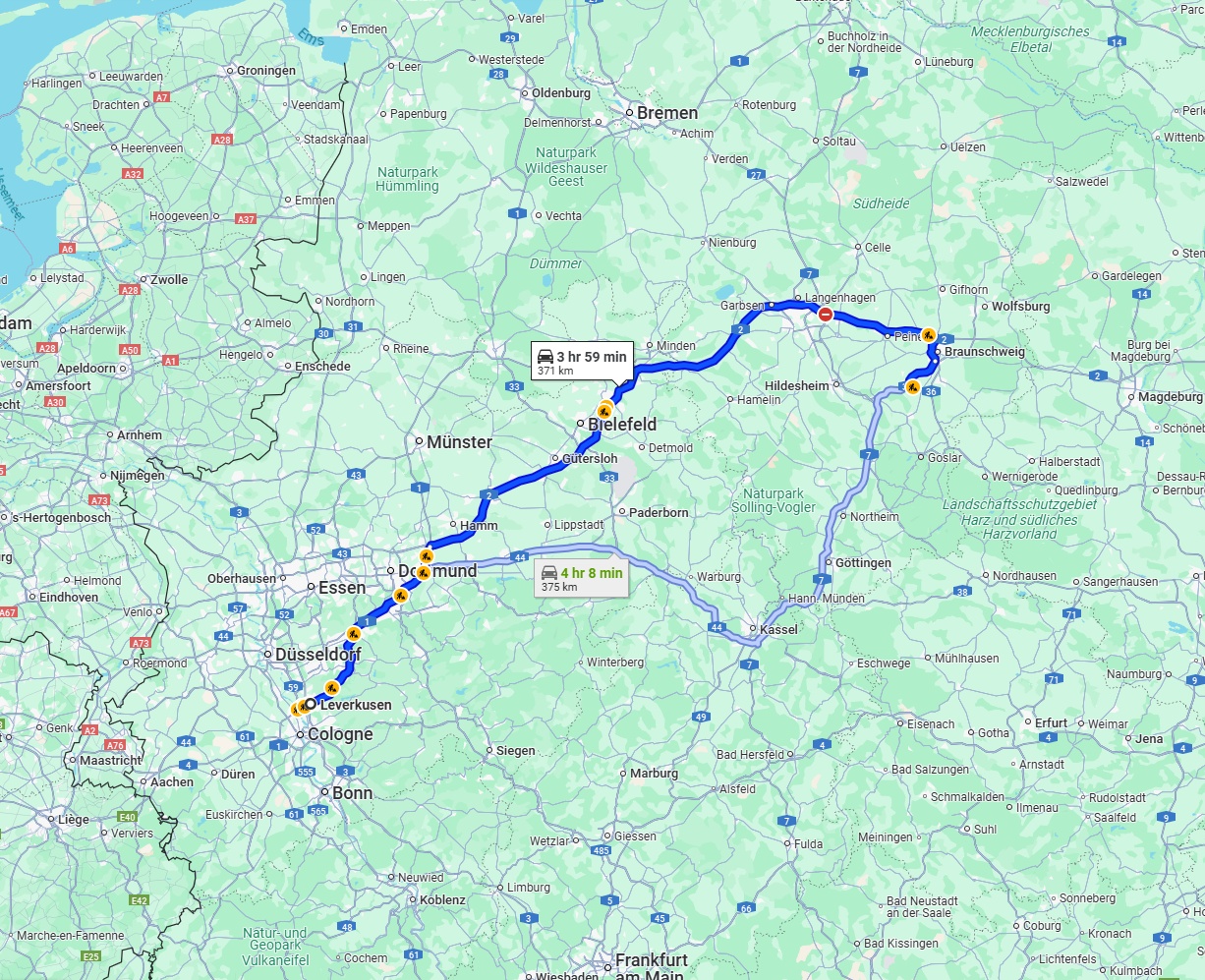 Anreise von Leverkusen Zu Salzgitter Über via A1 and A2