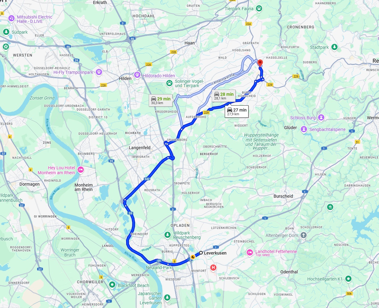 Anreise von Leverkusen Zu Solingen Über via A59 and B229