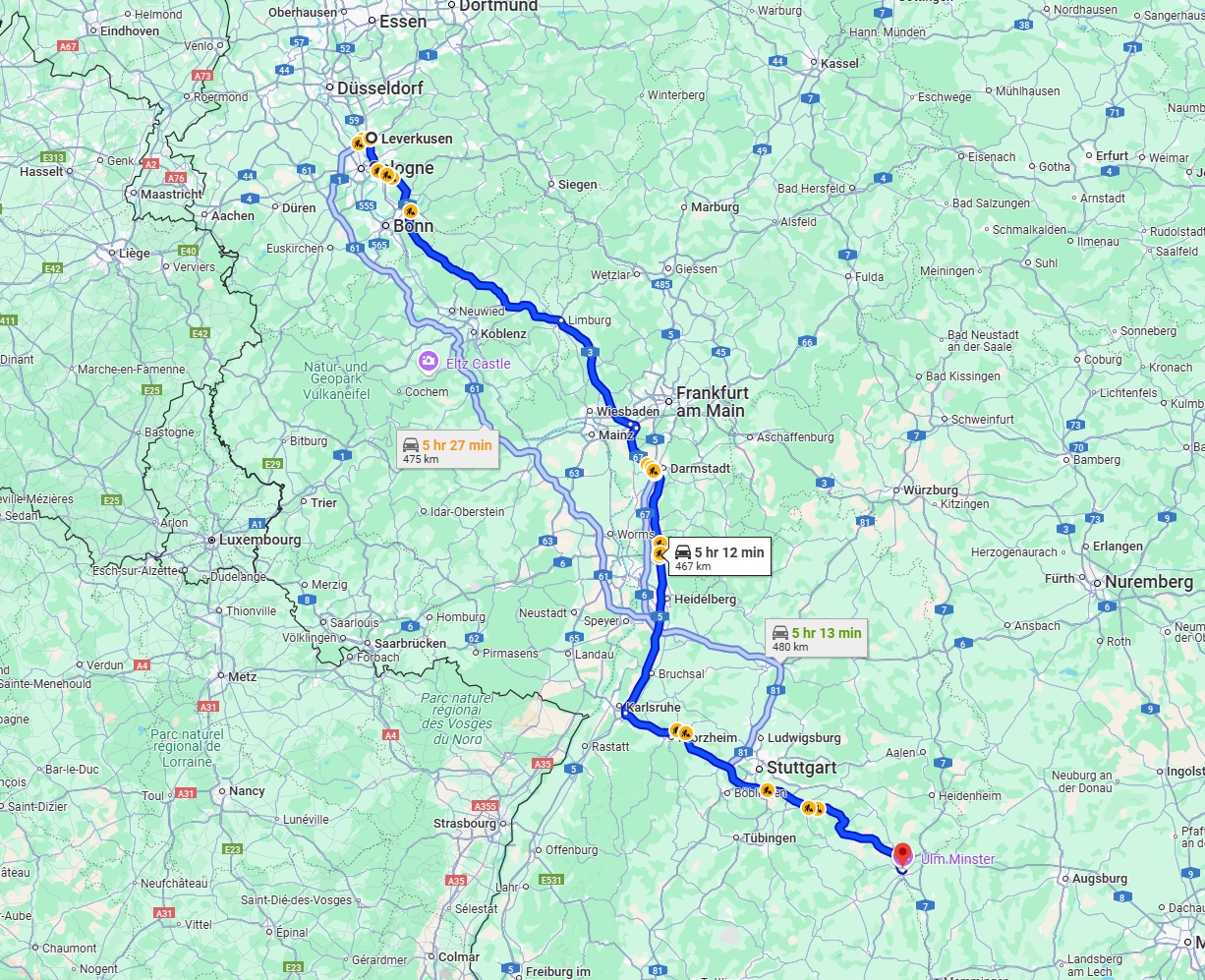 Anreise von Leverkusen Zu Ulm Über via A3 and A8