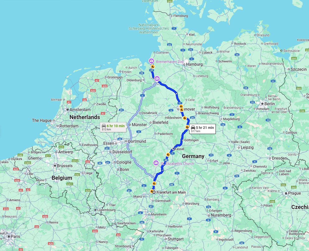Anreise von Frankfurt am Main Zu Bremerhaven Über via A7
