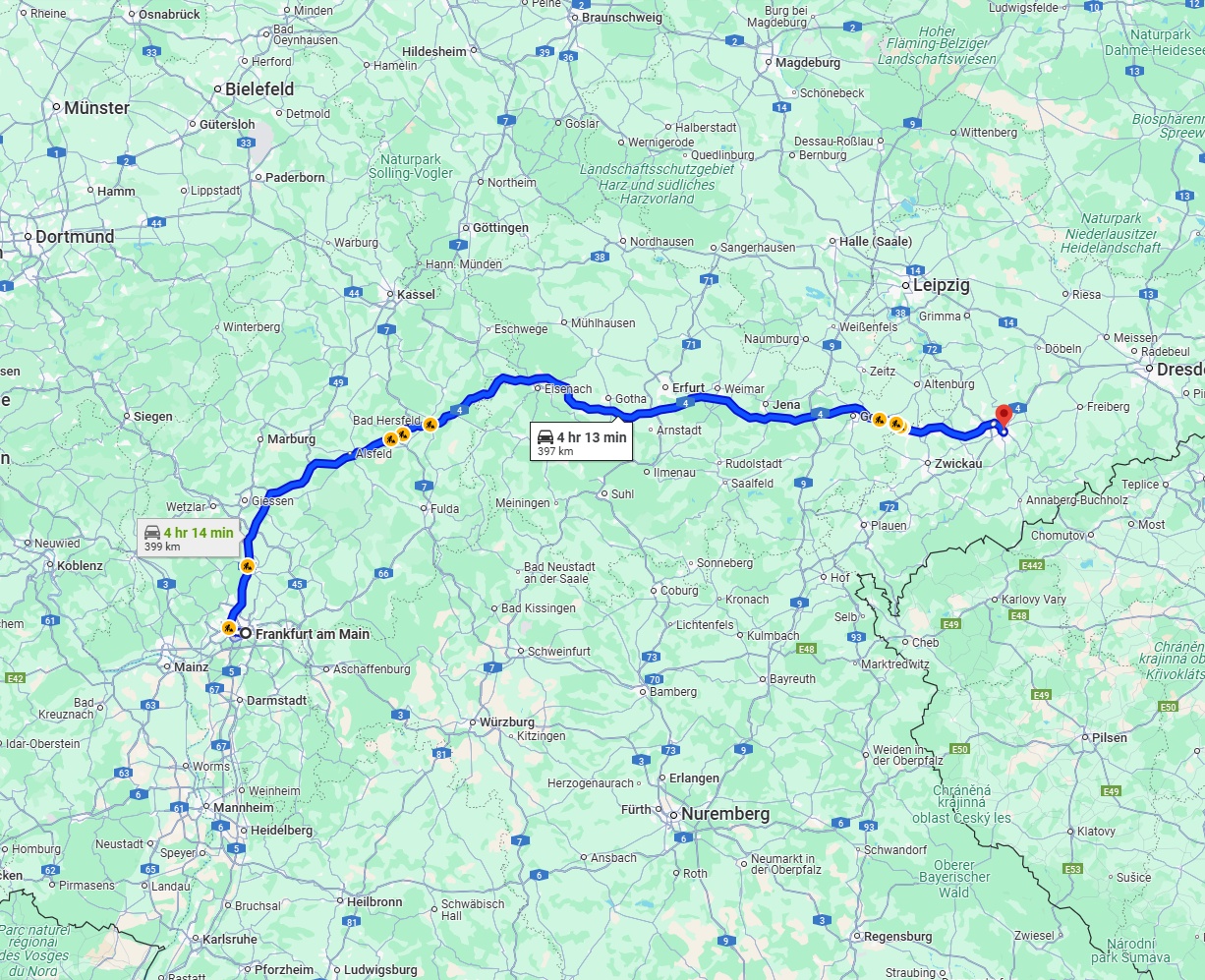 Anreise von Frankfurt am Main Zu Chemnitz Über via A5 and A4