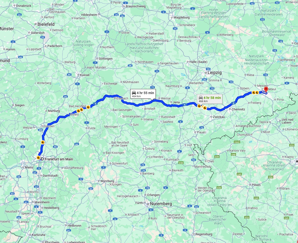 Anreise von Frankfurt am Main Zu Dresden Über via A5 and A4