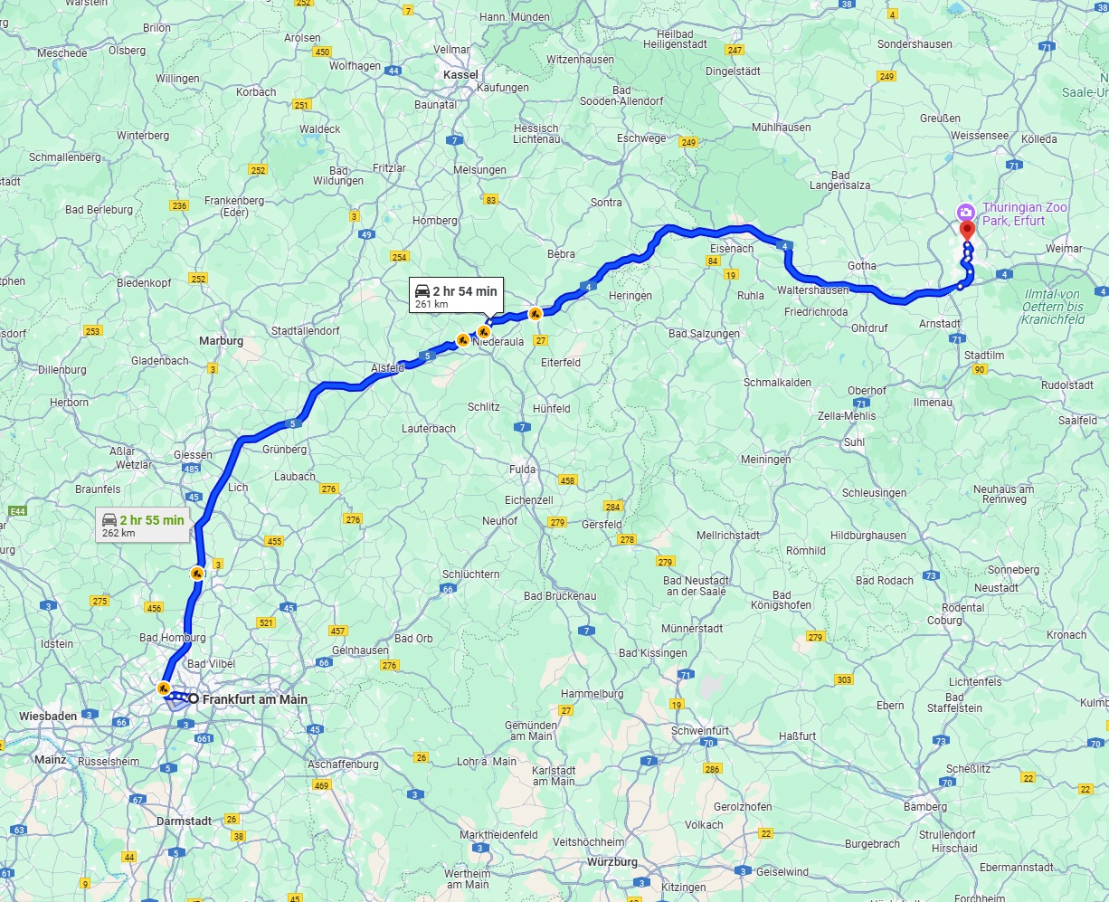 Anreise von Frankfurt am Main Zu Erfurt Über via A5 and A4