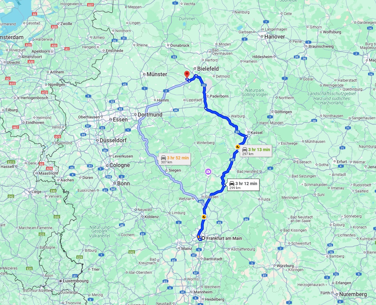 Anreise von Frankfurt am Main Zu Gütersloh Über via A5 and A49