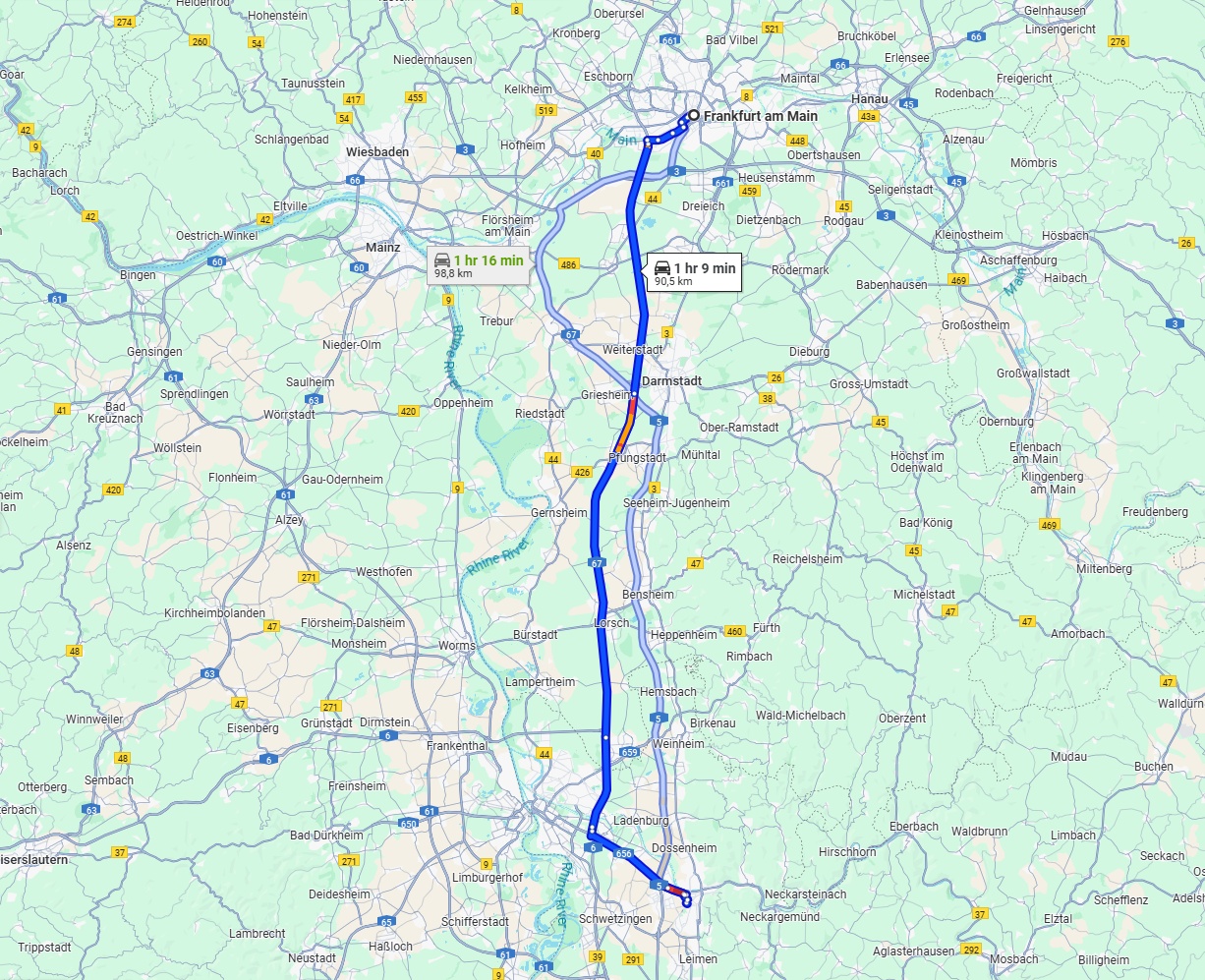 Anreise von Frankfurt am Main Zu Heidelberg Über via A5 and A67