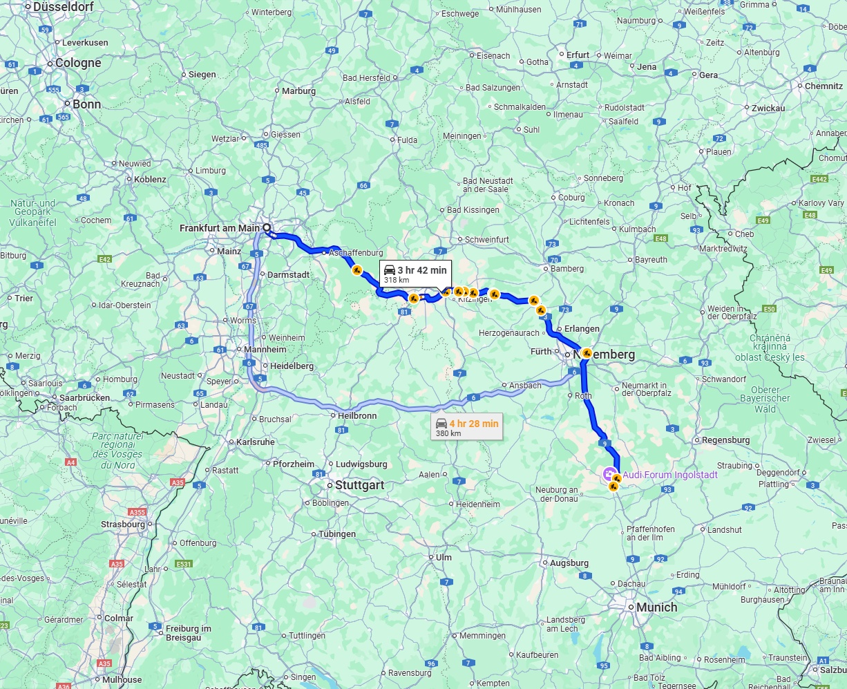 Anreise von Frankfurt am Main Zu Ingolstadt Über via A3 and A9