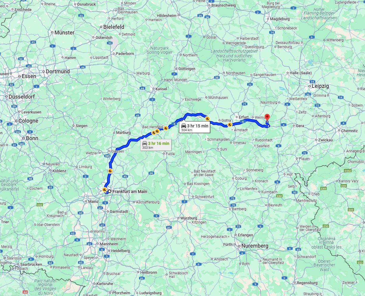 Anreise von Frankfurt am Main Zu Jena Über via A5 and A4