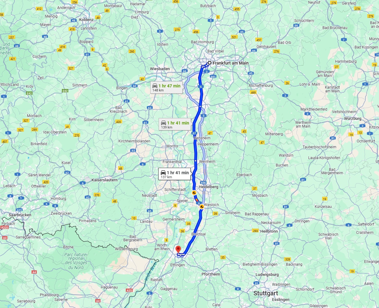 Anreise von Frankfurt am Main Zu Karlsruhe Über via A67 and A5