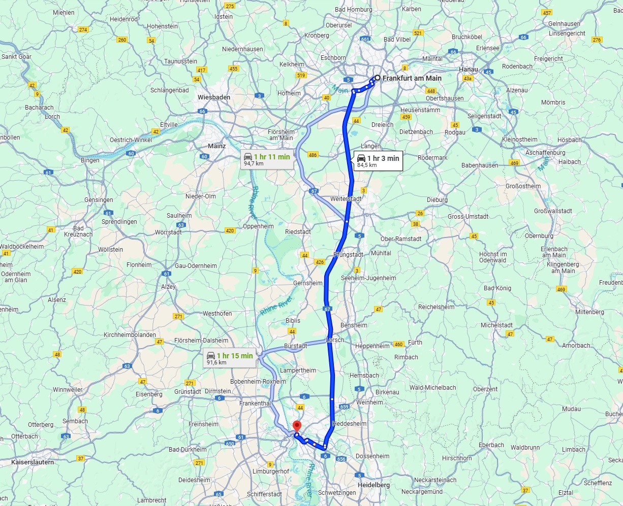 Anreise von Frankfurt am Main Zu Mannheim Über via A5 and A67
