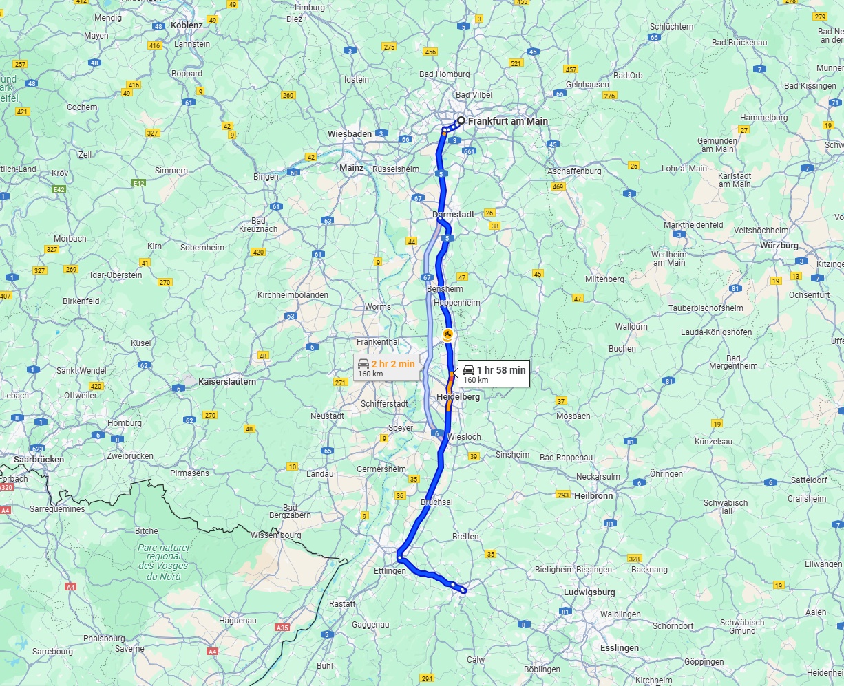 Anreise von Frankfurt am Main Zu Pforzheim Über via A5