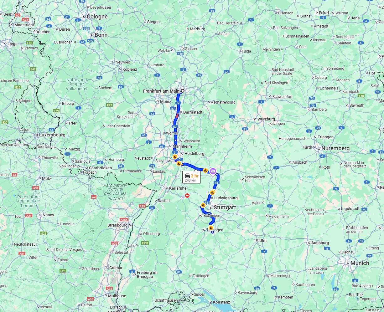 Anreise von Frankfurt am Main Zu Reutlingen Über via A6