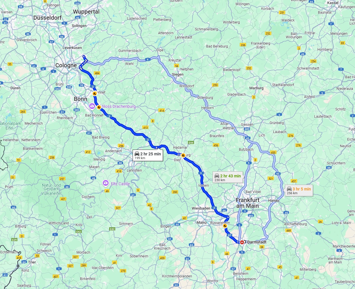 Anreise von Darmstadt Zu Bergisch Gladbach Über via A3