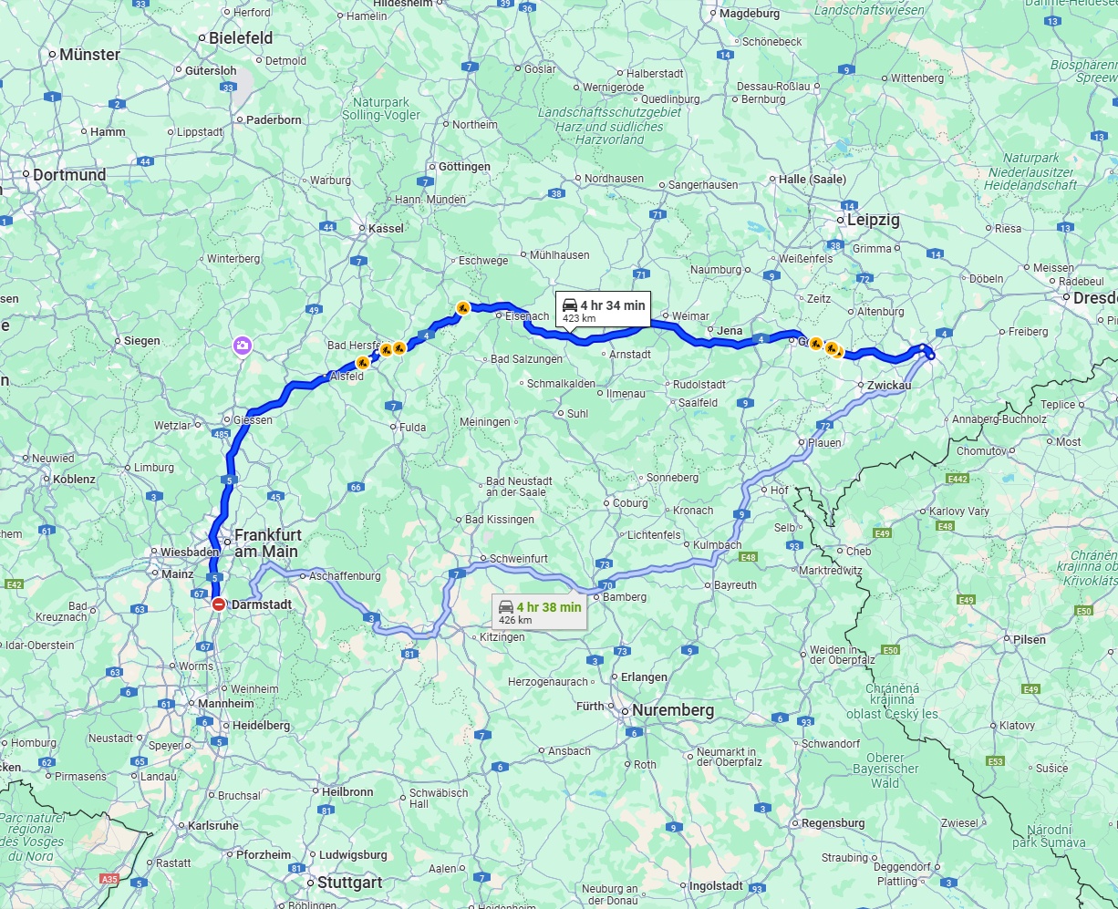 Anreise von Darmstadt Zu Chemnitz Über via A5 and A4