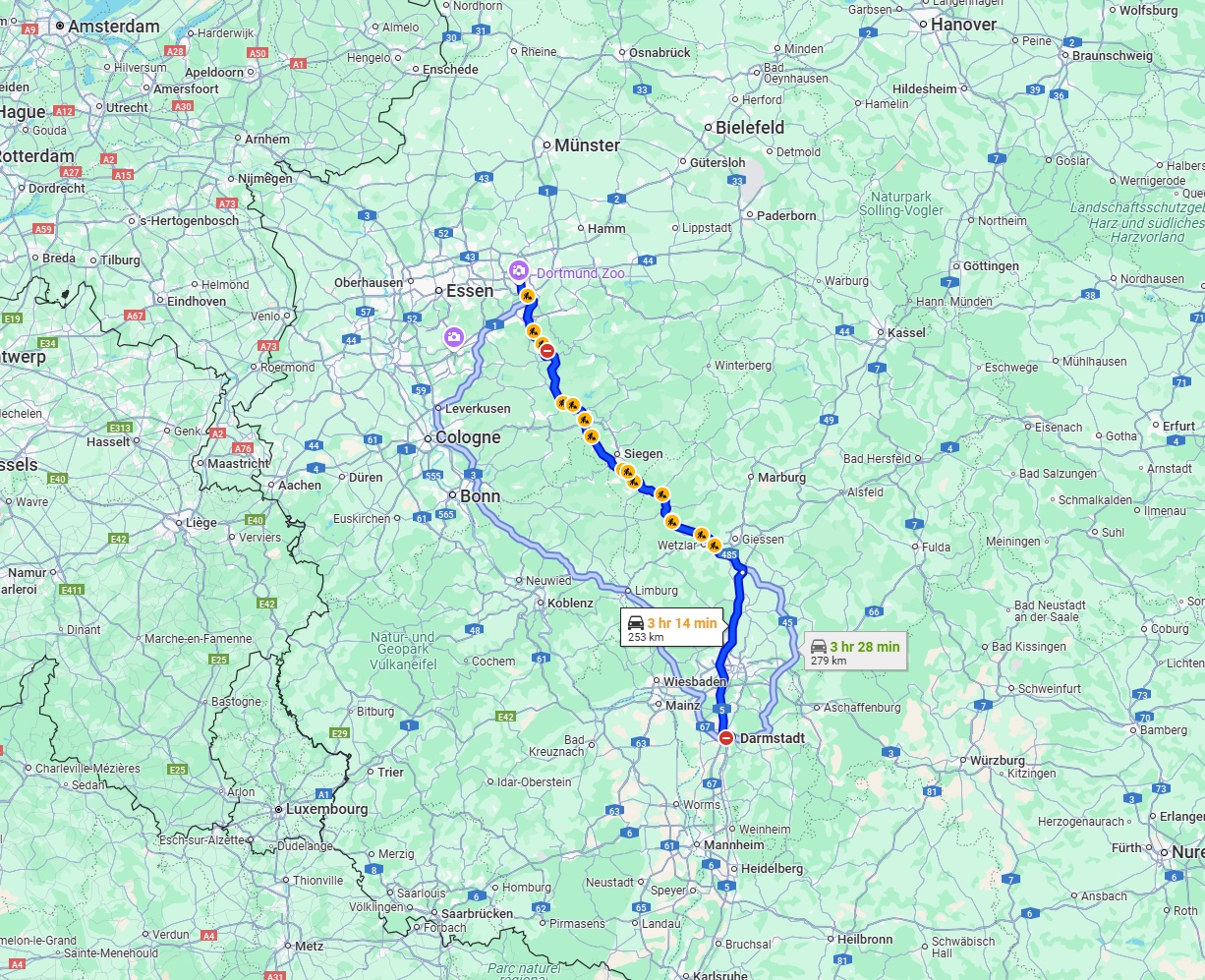 Anreise von Darmstadt Zu Dortmund Über via A5 and A45