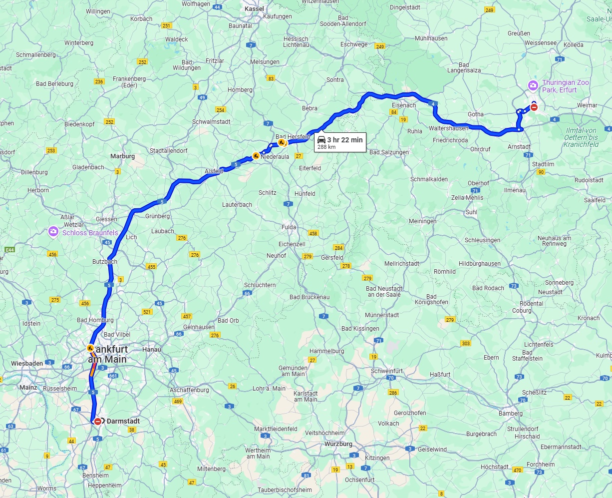 Anreise von Darmstadt Zu Erfurt Über via A5 and A4