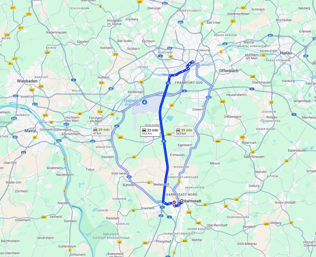 Anreise von Darmstadt Zu Frankfurt am Main Über via A5