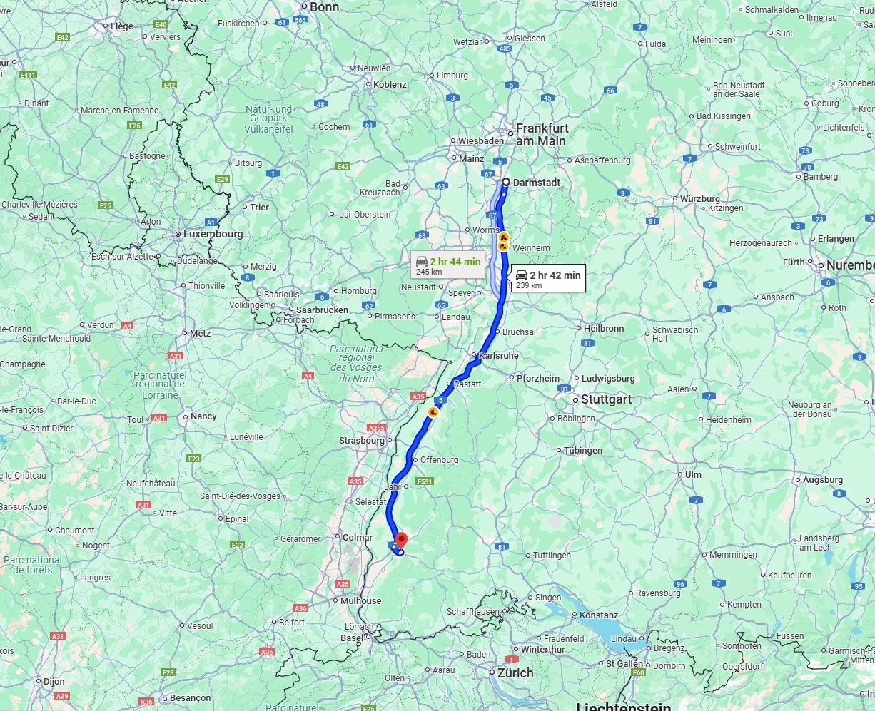 Anreise von Darmstadt Zu Freiburg im Breisgau Über via A5