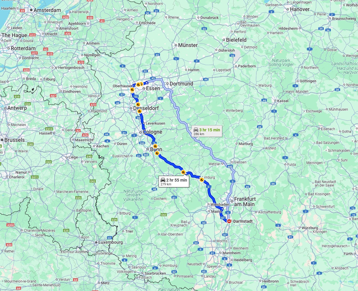 Anreise von Darmstadt Zu Gelsenkirchen Über via A3