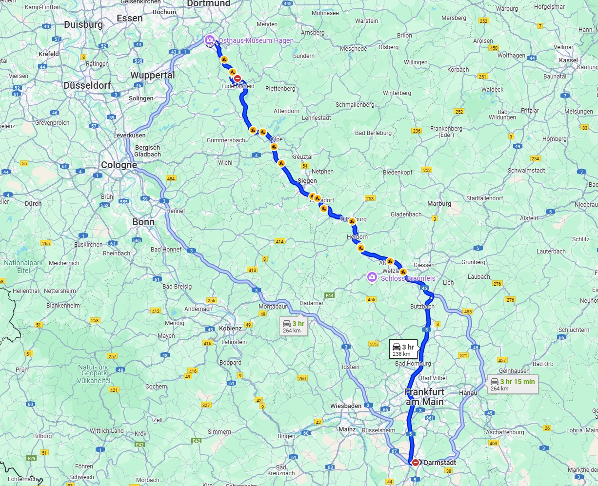 Anreise von Darmstadt Zu Hagen Über via A5 and A45