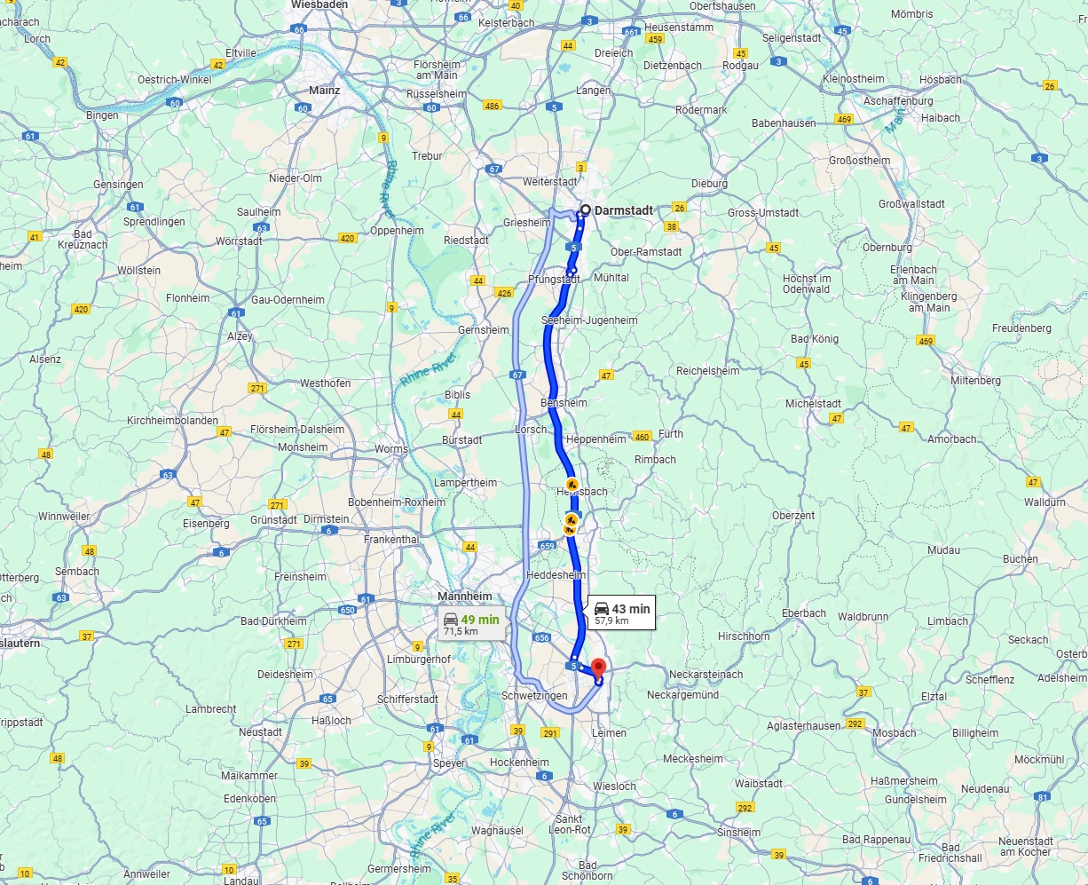 Anreise von Darmstadt Zu Heidelberg Über via A5