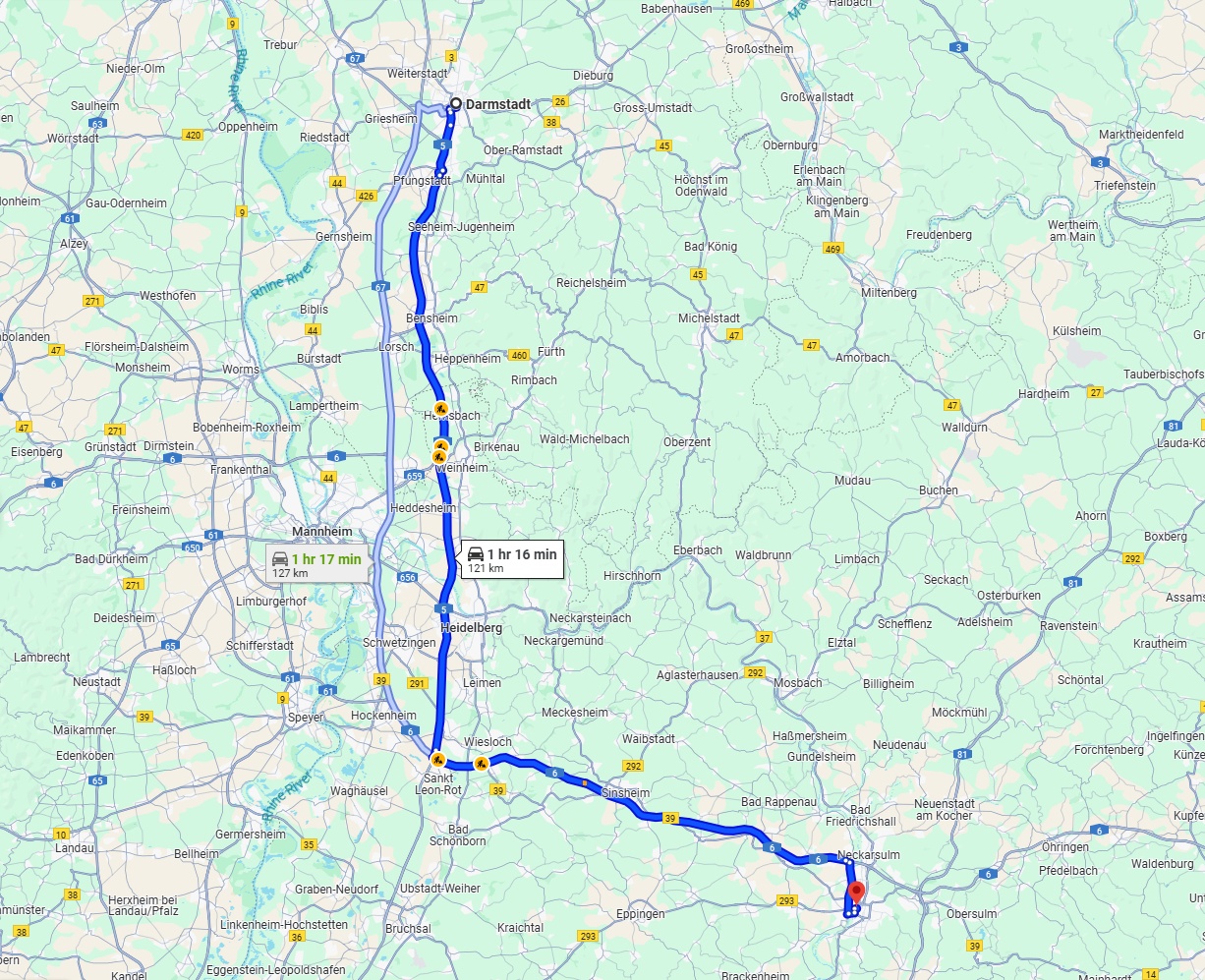 Anreise von Darmstadt Zu Heilbronn Über via A5 and A6