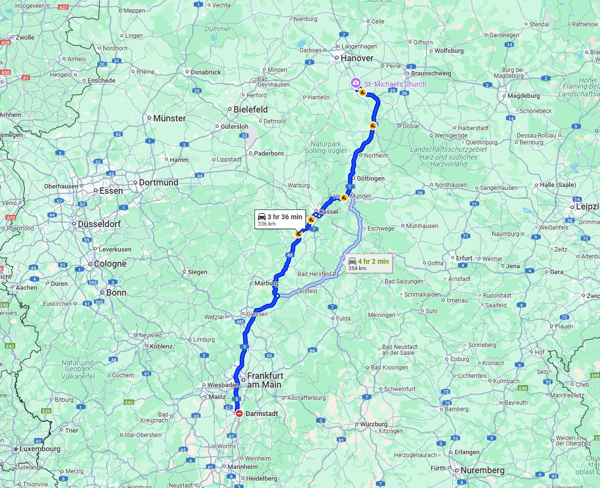 Anreise von Darmstadt Zu Hildesheim Über via A5, A49 and A7