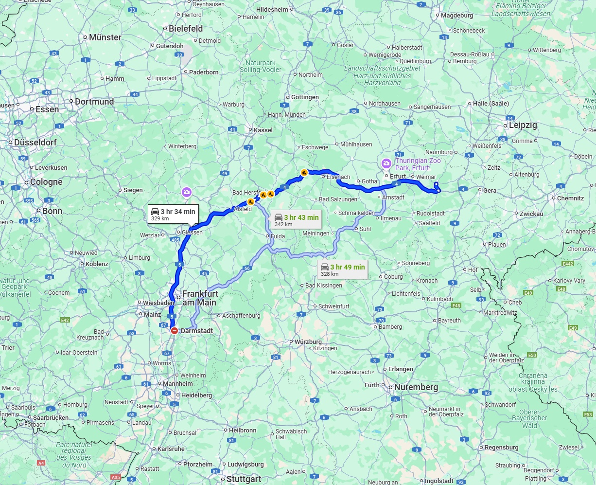 Anreise von Darmstadt Zu Jena Über via A5 and A4