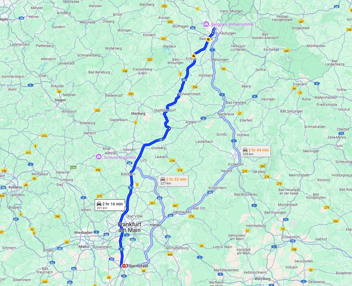 Anreise von Darmstadt Zu Kassel Über via A5 and A49