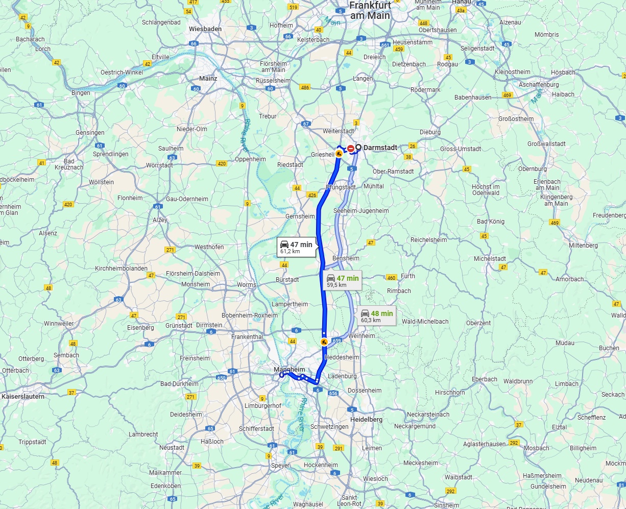Anreise von Darmstadt Zu Ludwigshafen am Rhein Über via A67