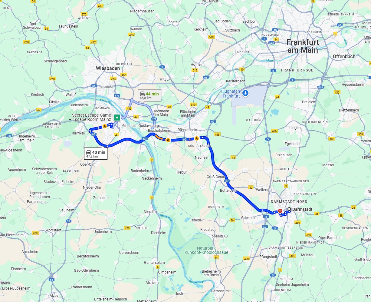 Anreise von Darmstadt Zu Mainz Über via A67 and A60