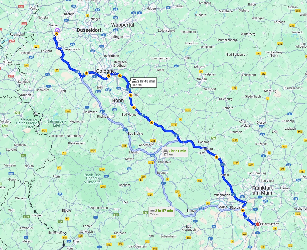 Anreise von Darmstadt Zu Mönchengladbach Über via A3