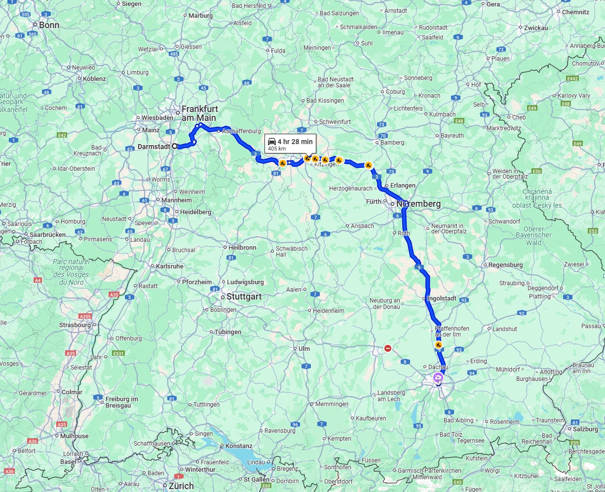 Anreise von Darmstadt Zu München Über via A3 and A9