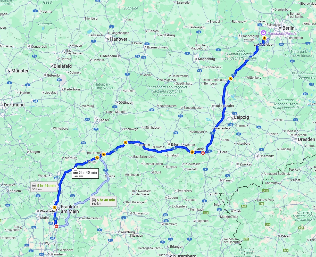 Anreise von Darmstadt Zu Potsdam Über via A5, A4 and A9
